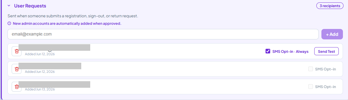 Notifications screen after opt-in. The logged-in admin's row shows a blue checked checkbox labelled 'SMS Opt-in · Always' and a Send Test button. Other admins' rows show a disabled, unchecked SMS Opt-in control.